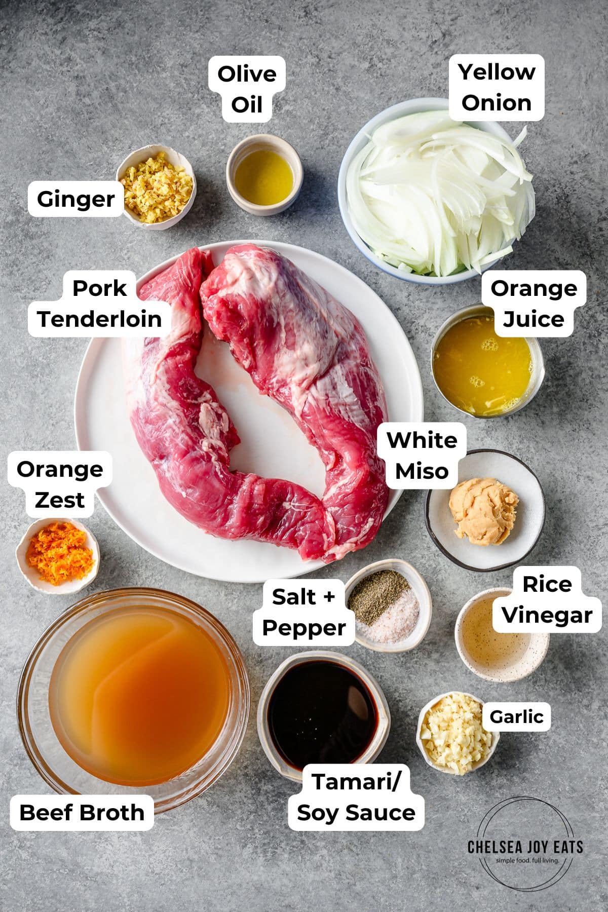 Ingredients for Miso Orange Shredded Pork Tenderloin in individual bowls and on plates, with text labels for each ingredient.