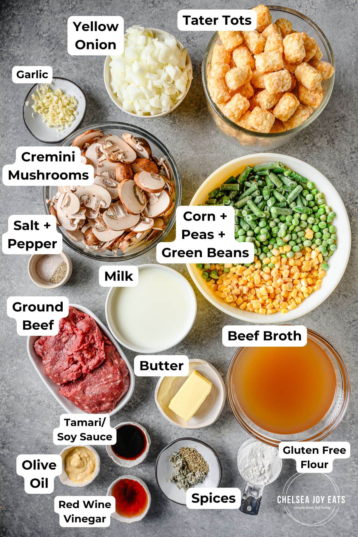 Ingredients for homemade tater tot casserole with text labels for each ingredient.
