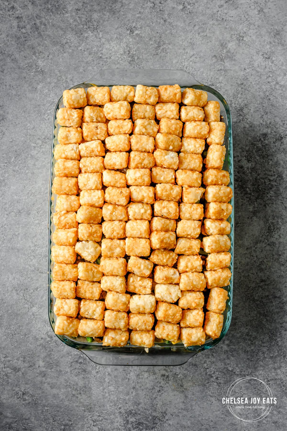 Casserole topped with tater tots in a 9x13 casserole dish.
