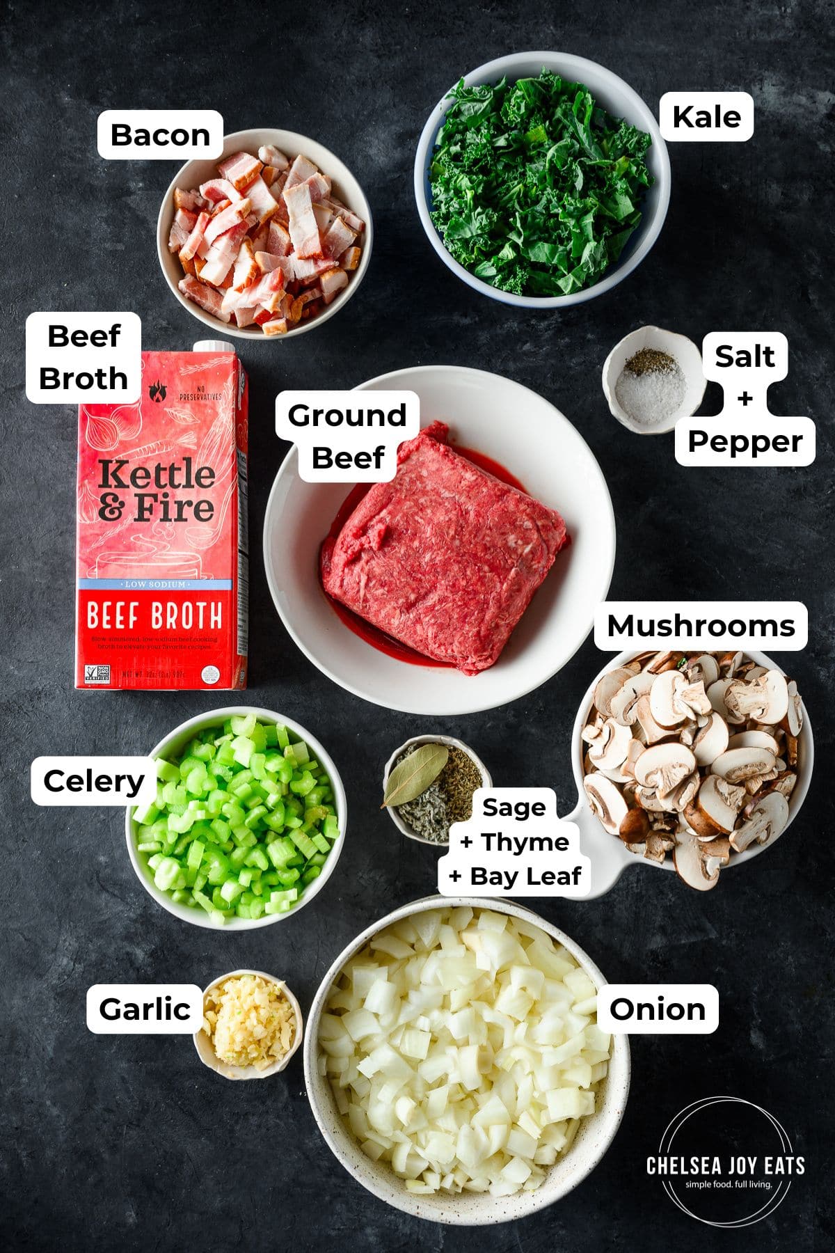 Ingredients for bacon, bison, and mushroom soup with text labels for each ingredient in their individual bowls.