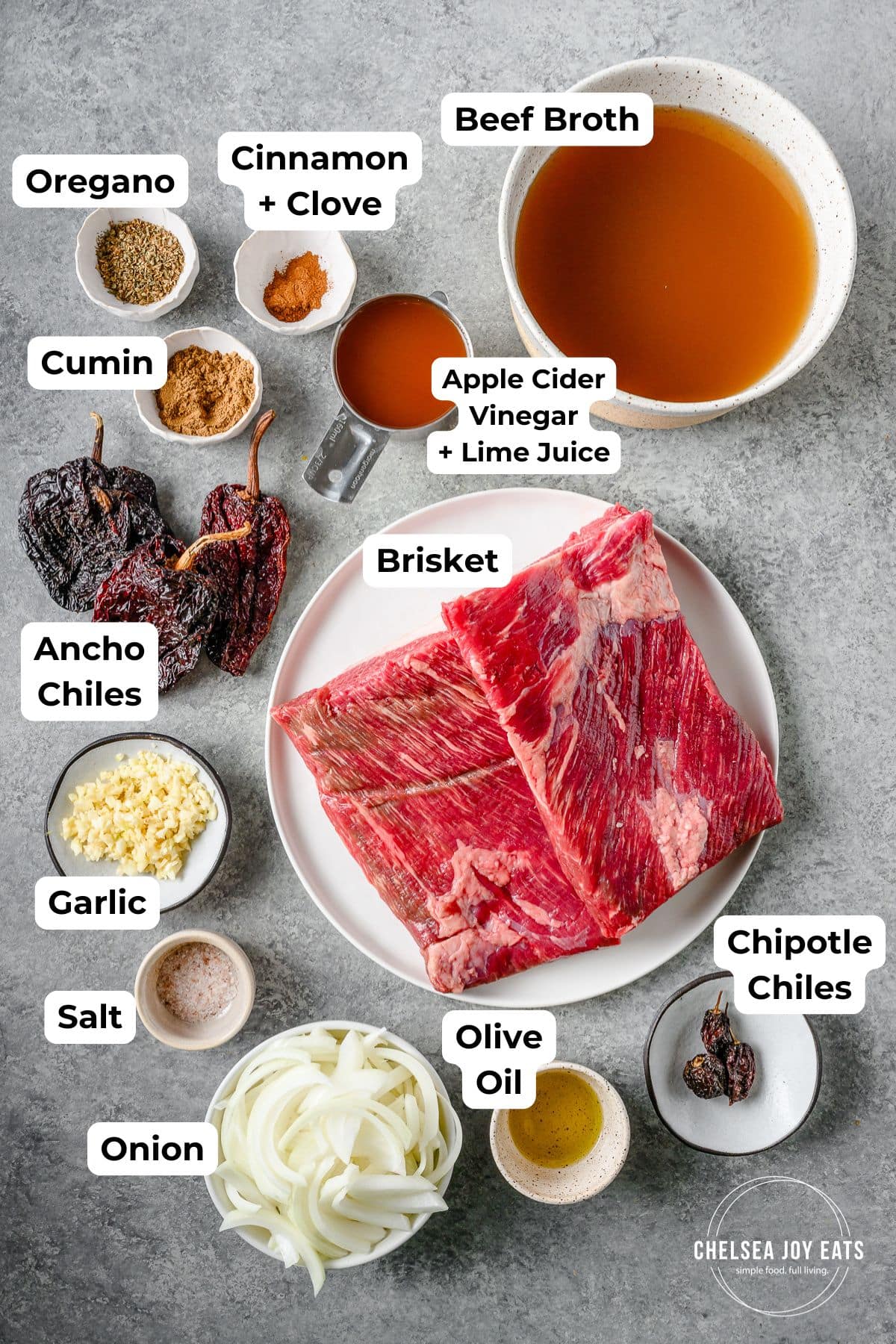 Ingredients for Barbacoa Brisket with text labels for each ingredient.