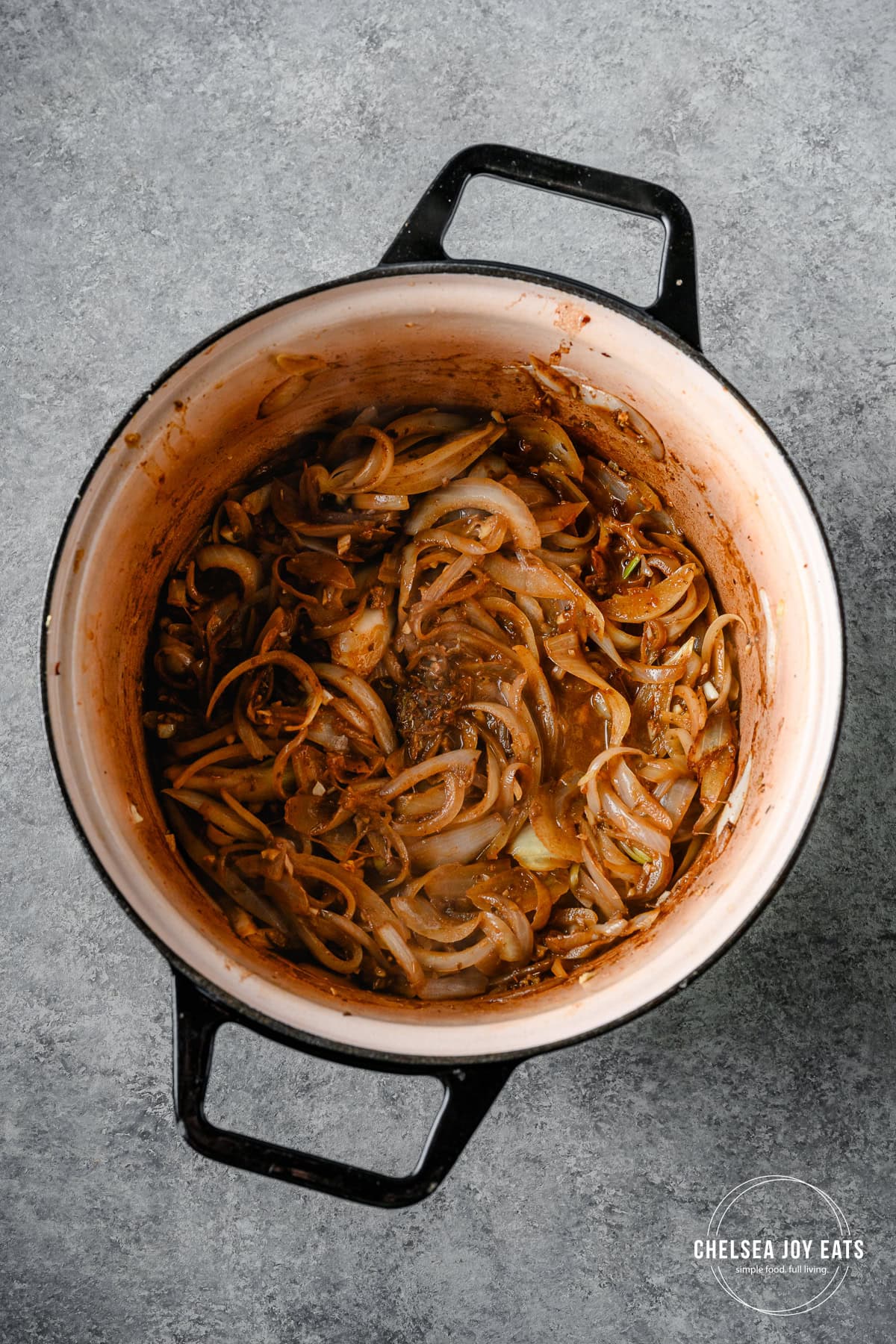 Softened onions and garlic in a Dutch oven.