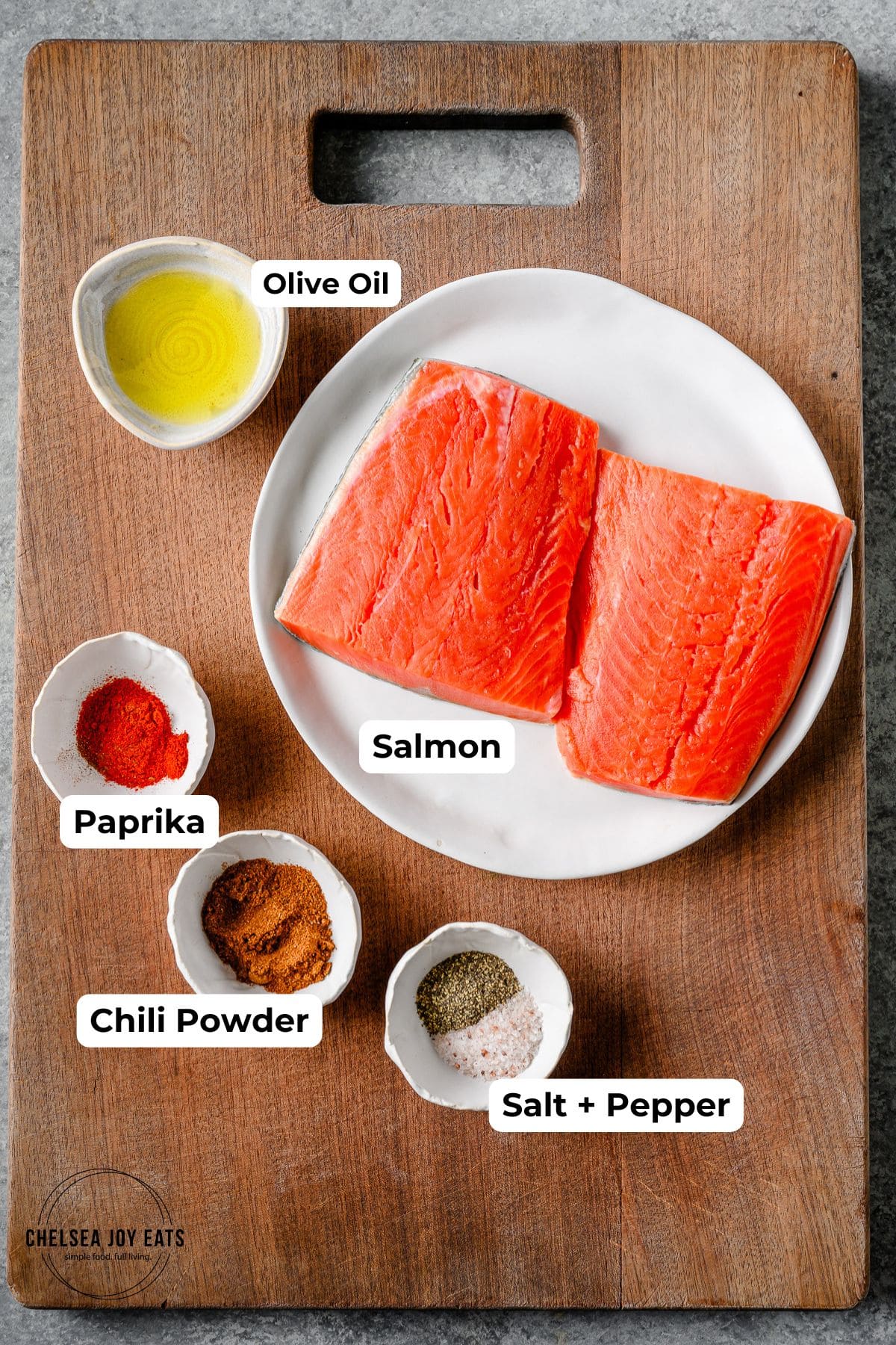 Ingredients for blackened crispy skin salmon with text labels for each ingredient.