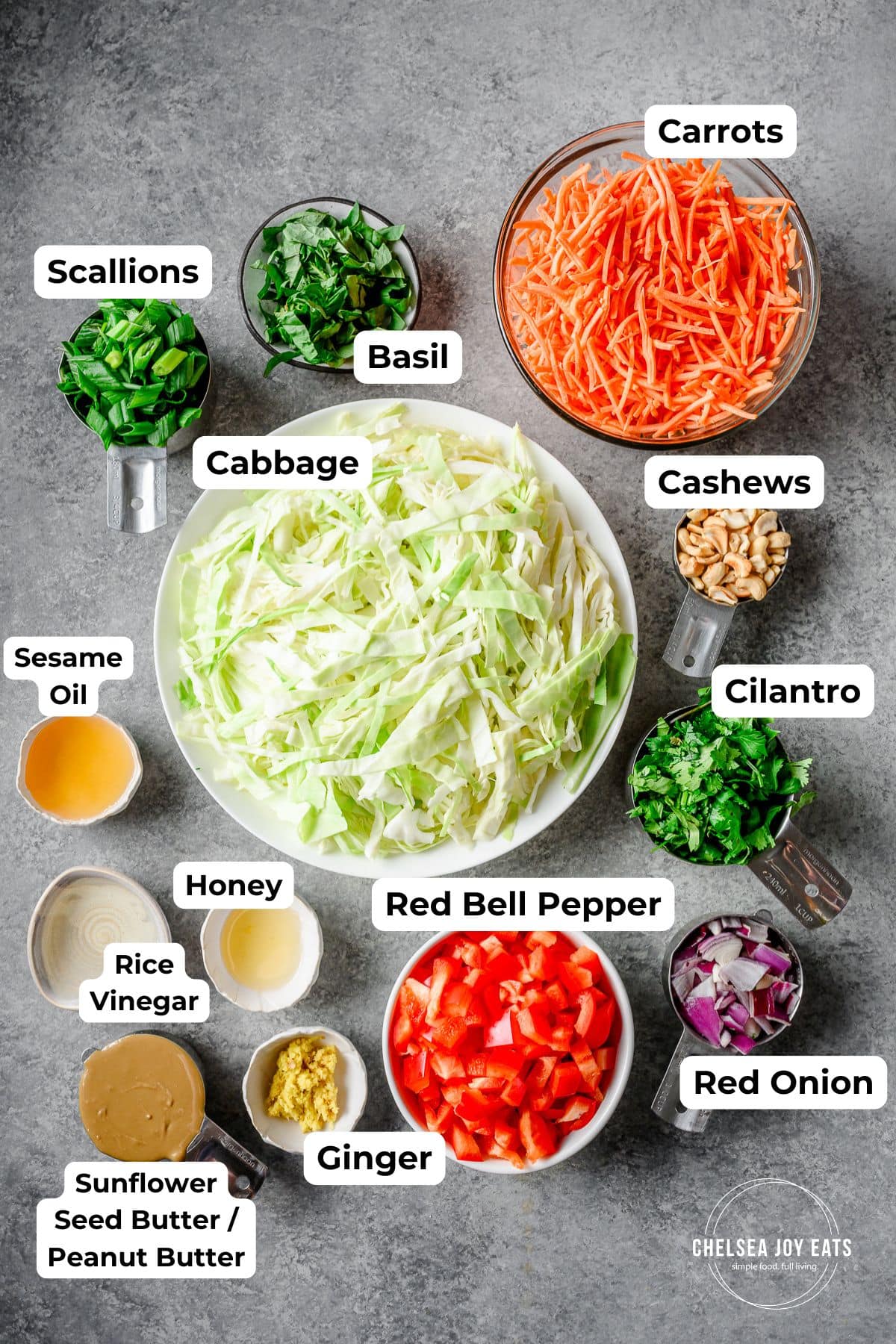 Ingredients for a Thai-inspired cabbage salad with vegetables, herbs, and a peanut dressing, with text labels for each ingredient.