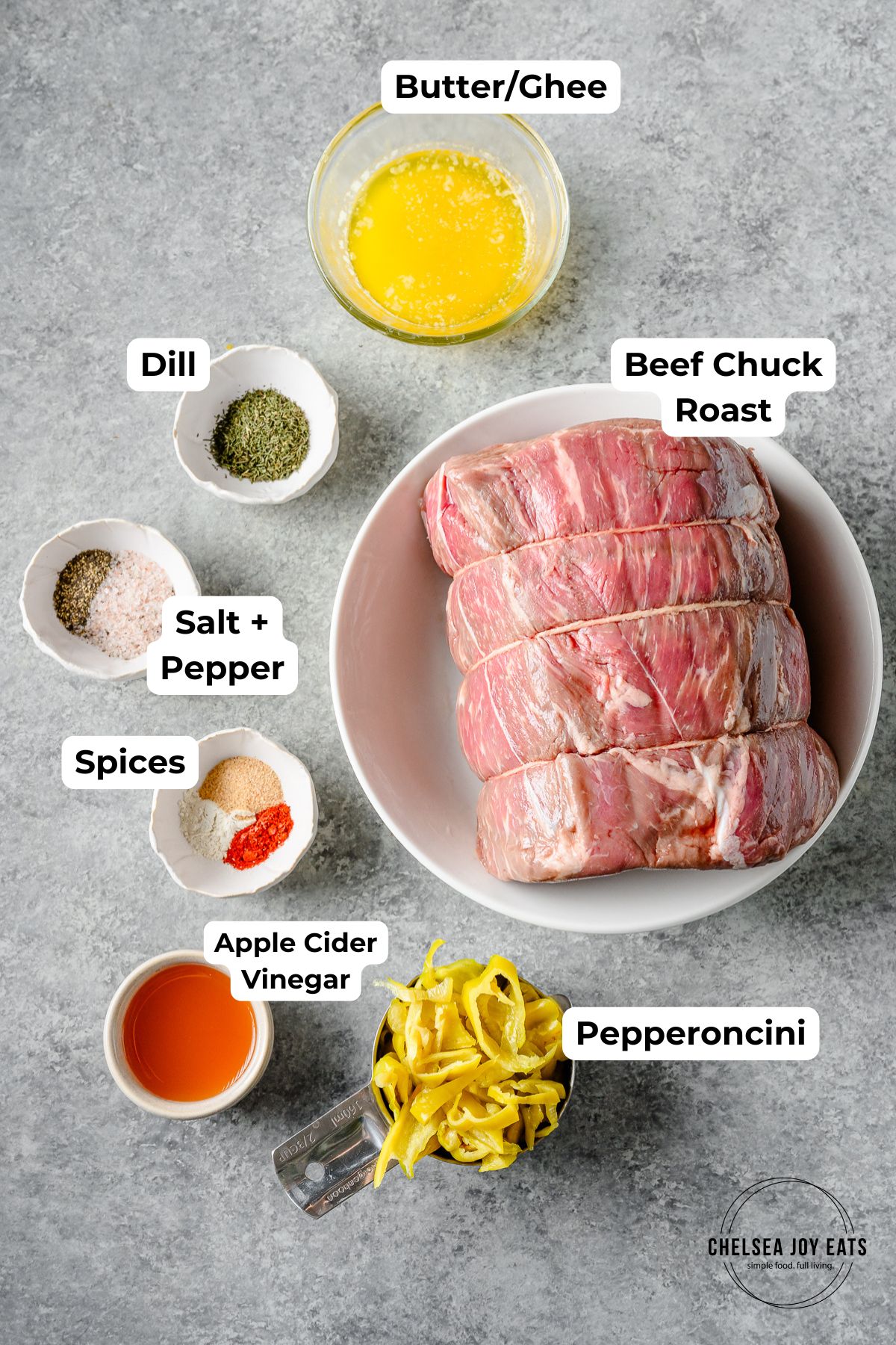 Ingredients for gluten free, packet-free mississippi pot roast, with text labels for each ingredient.