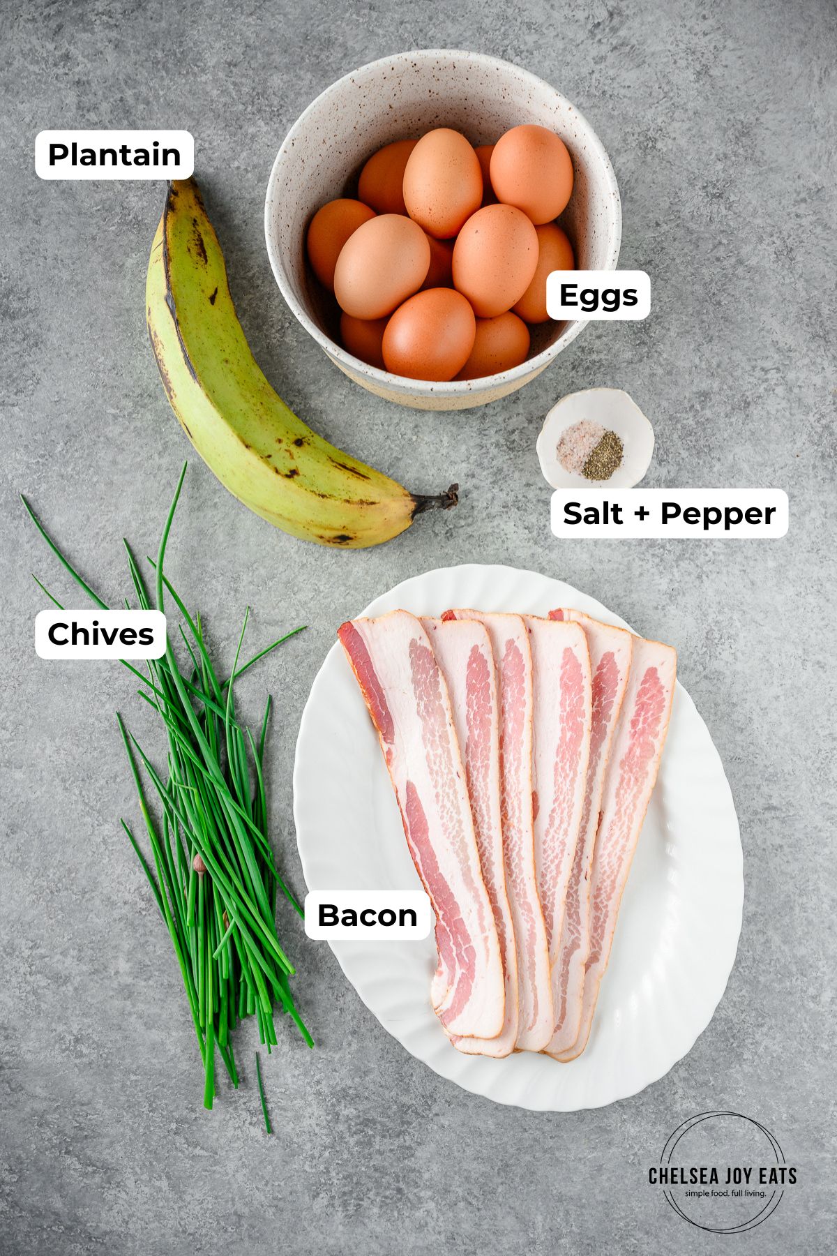 Ingredients for a plantain frittata with bacon and chives, with text labels for each ingredient.