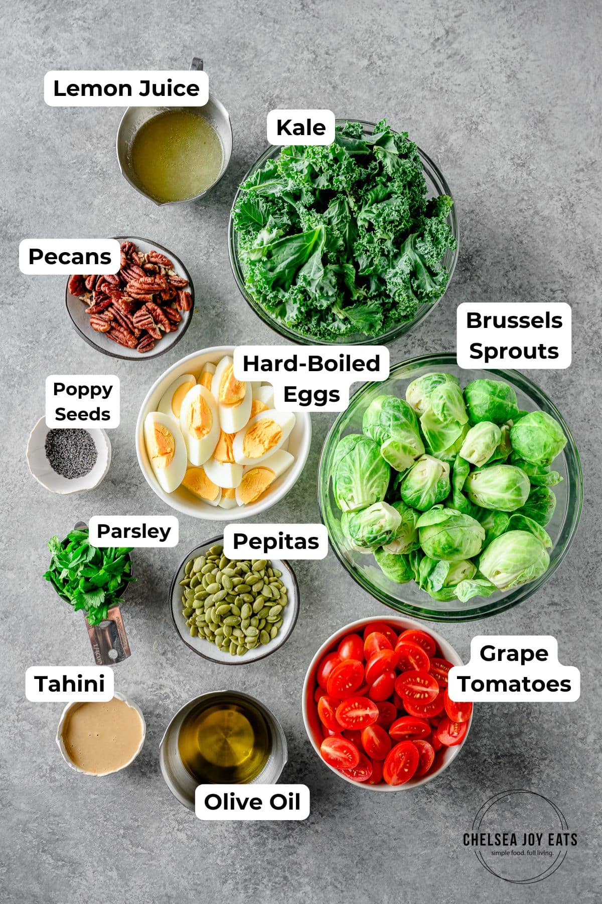 Ingredients for a chopped kale and brussels sprout salad with nuts and a lemon tahini dressing, with text labels for each ingredient.