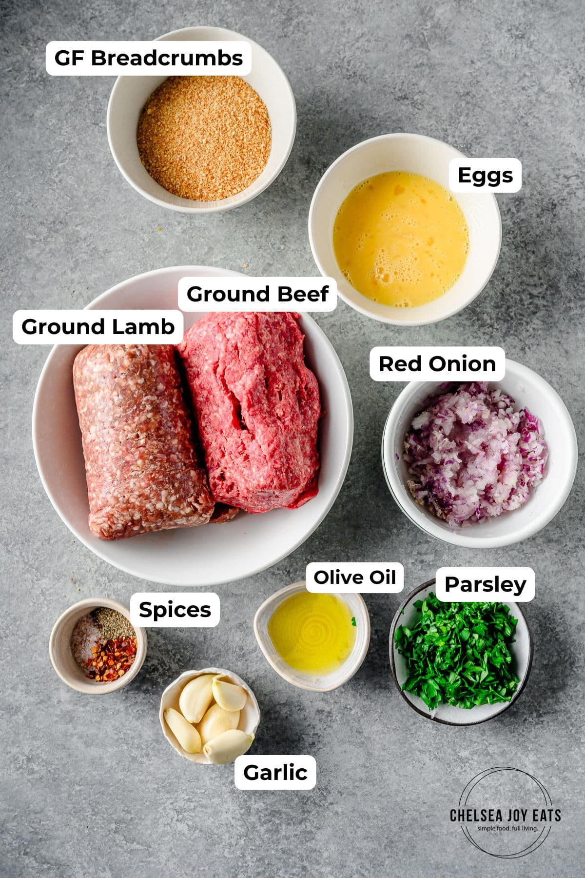 Ingredients for Greek lamb and beef meatballs with text labels for each ingredient.