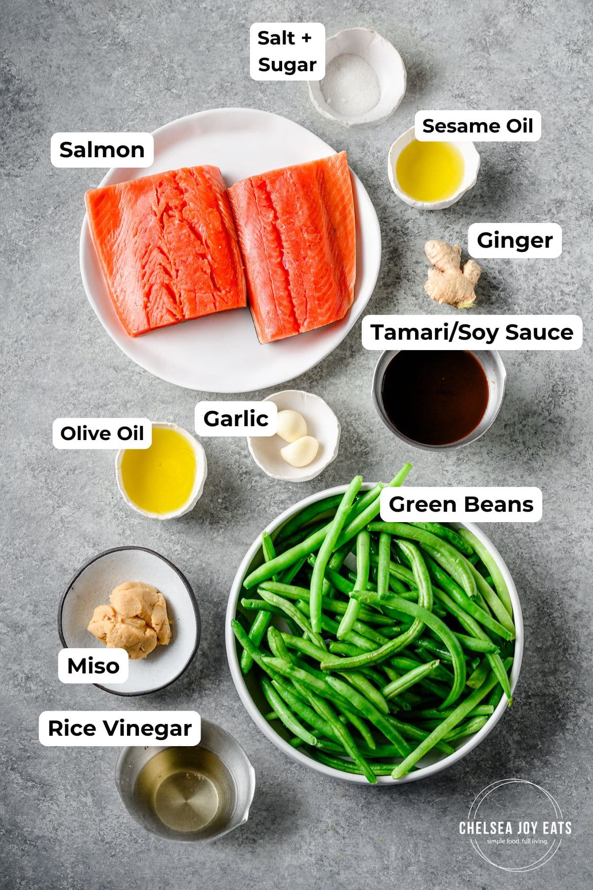 Ingredients for ginger miso sheet pan salmon with green beans, with text labels for each ingredient.