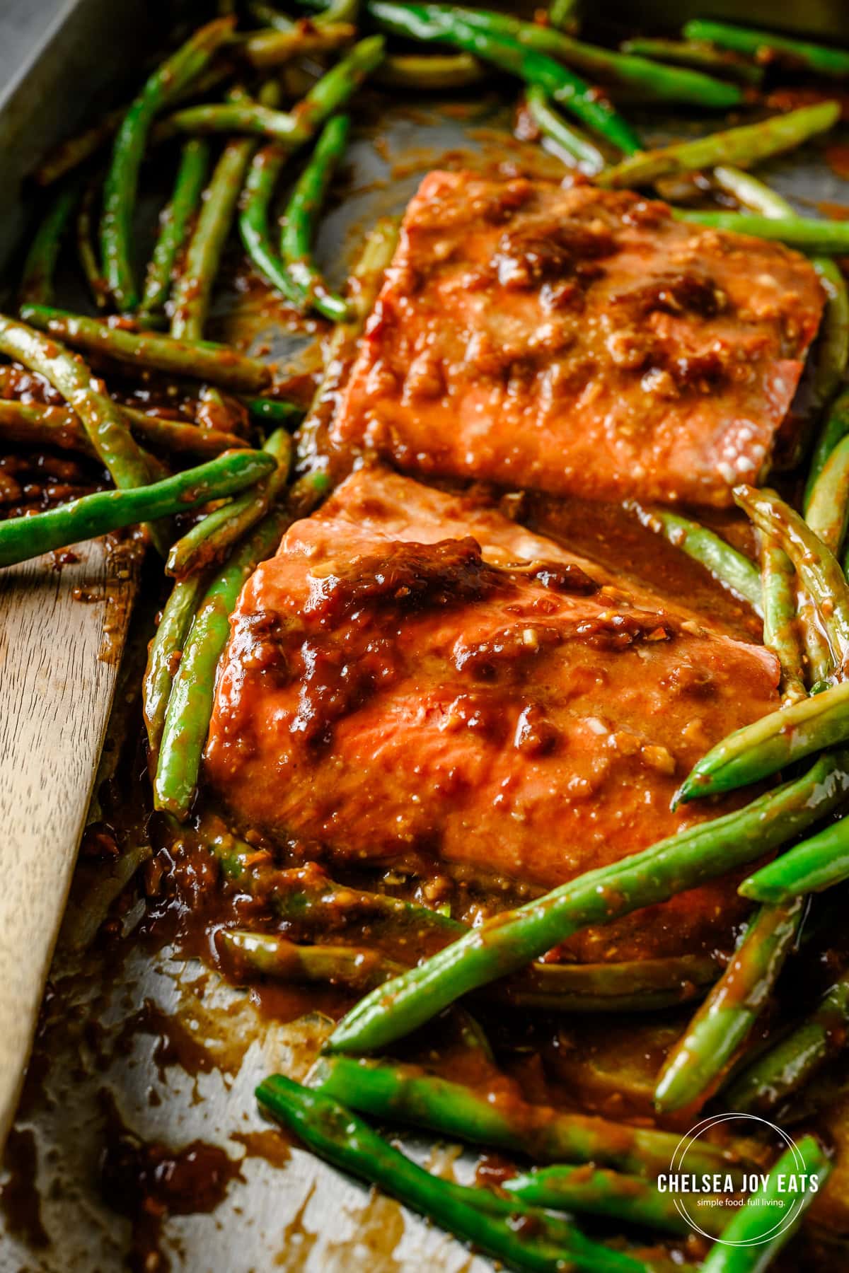 Roasted ginger miso salmon and green beans on a sheet pan.