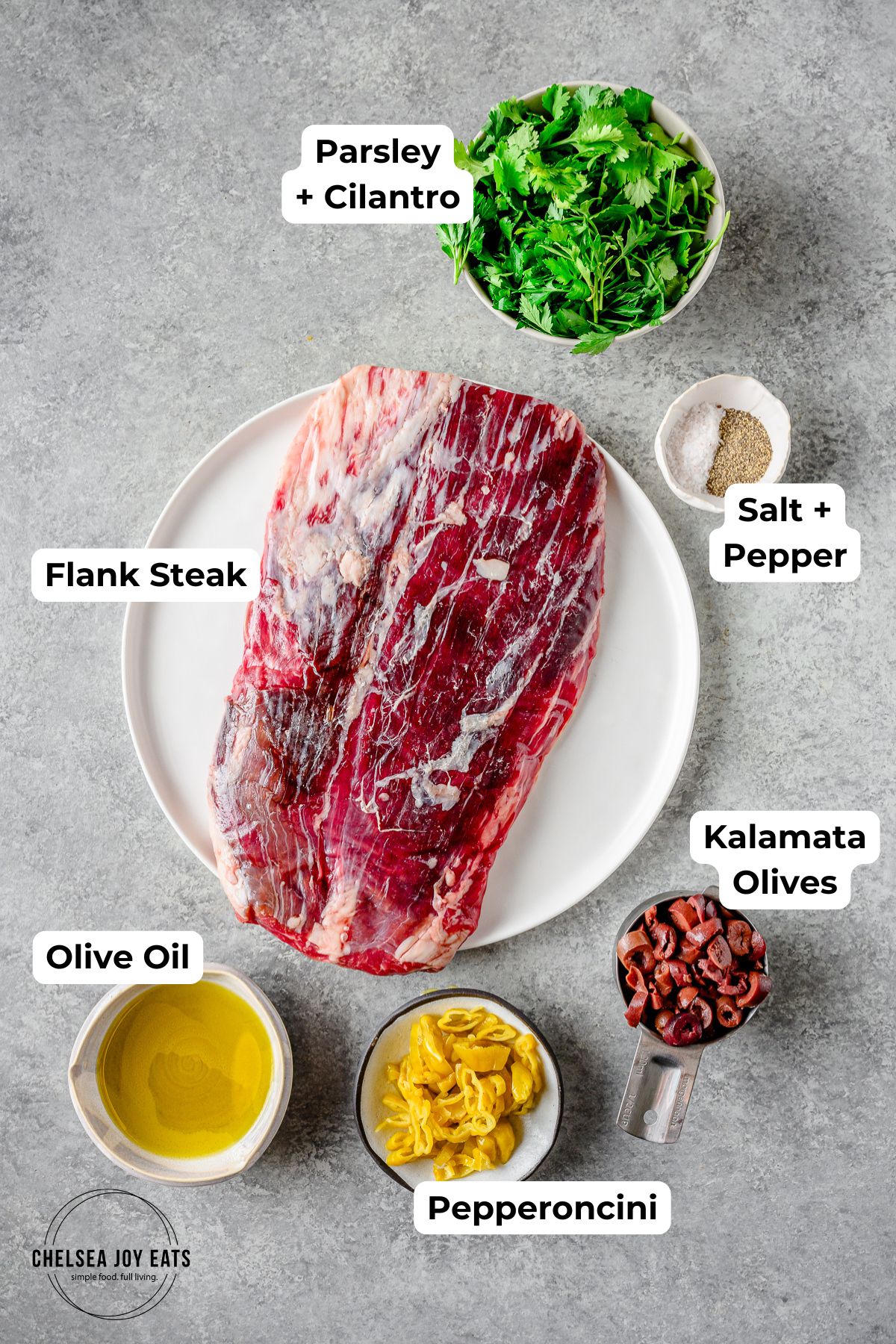 Ingredients for grilled flank steak with an herb relish in individual dishes with text labels for each ingredient.