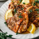 Grilled chicken thigh with Greek seasoning on a serving platter with lemon wedges.