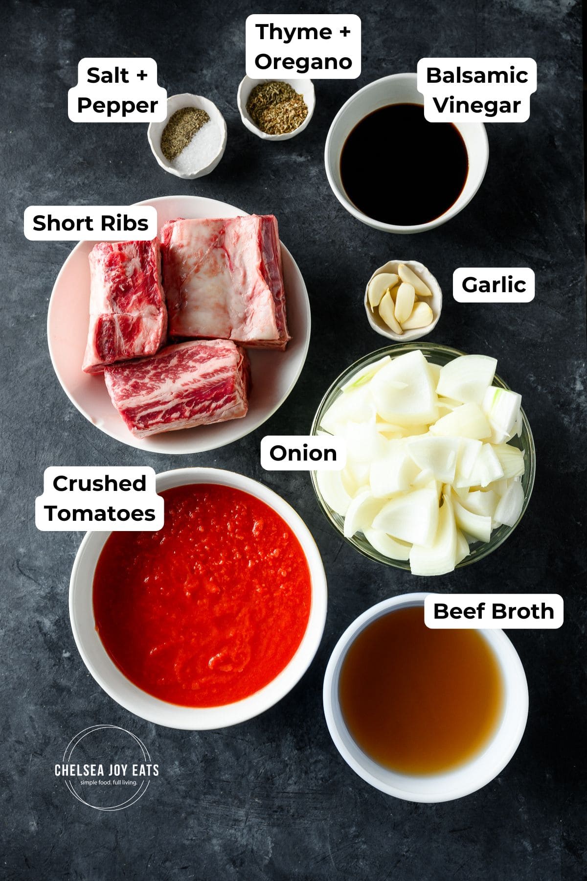 Ingredients for braised balsamic tomato short ribs in individual dishes with text labels for each ingredient.