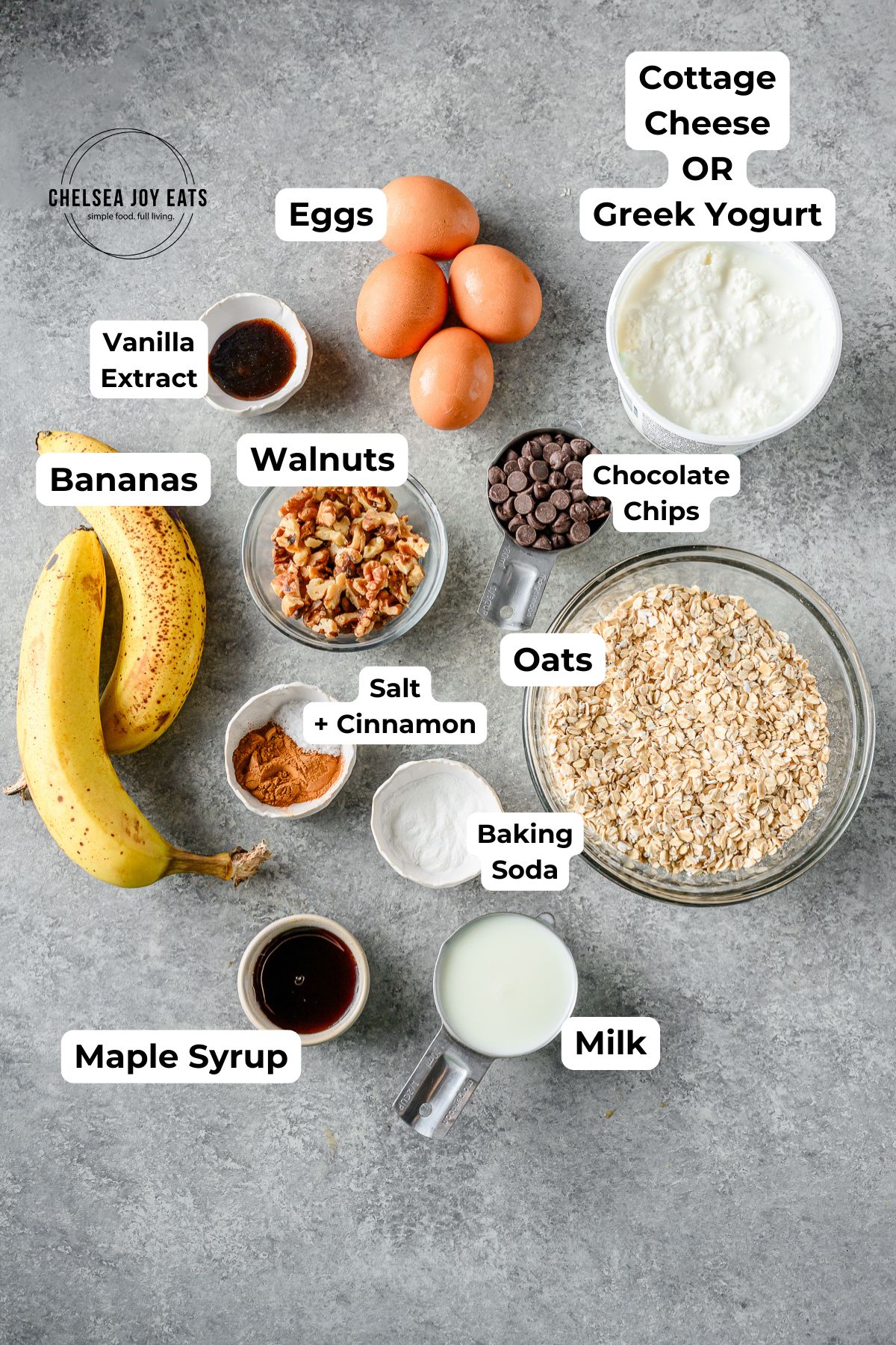 Ingredients for gluten free banana bread baked oatmeal in individual dishes with text labels for each ingredient.