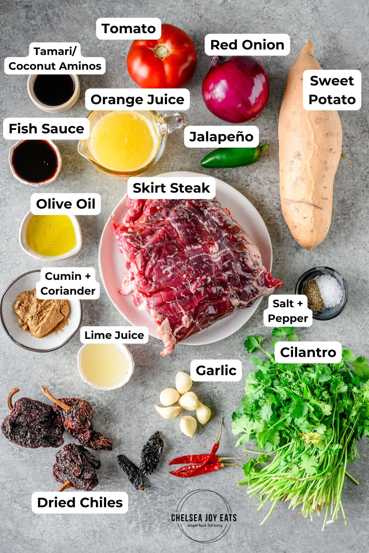 Ingredients for homemade carne asada and a carne asada fries recipe in individual bowls with text labels for each.