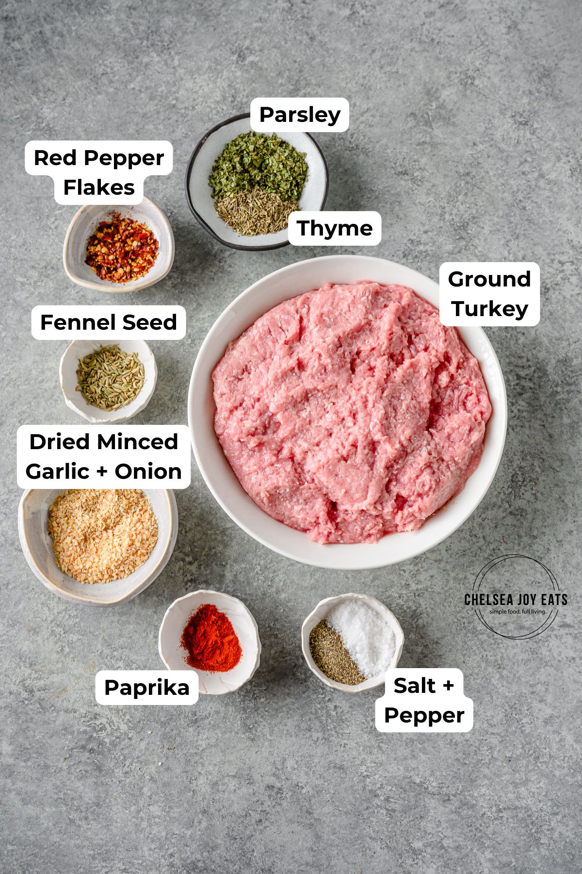 Ingredients for homemade Italian Turkey Sausage in individual bowls with text labels for each ingredient.
