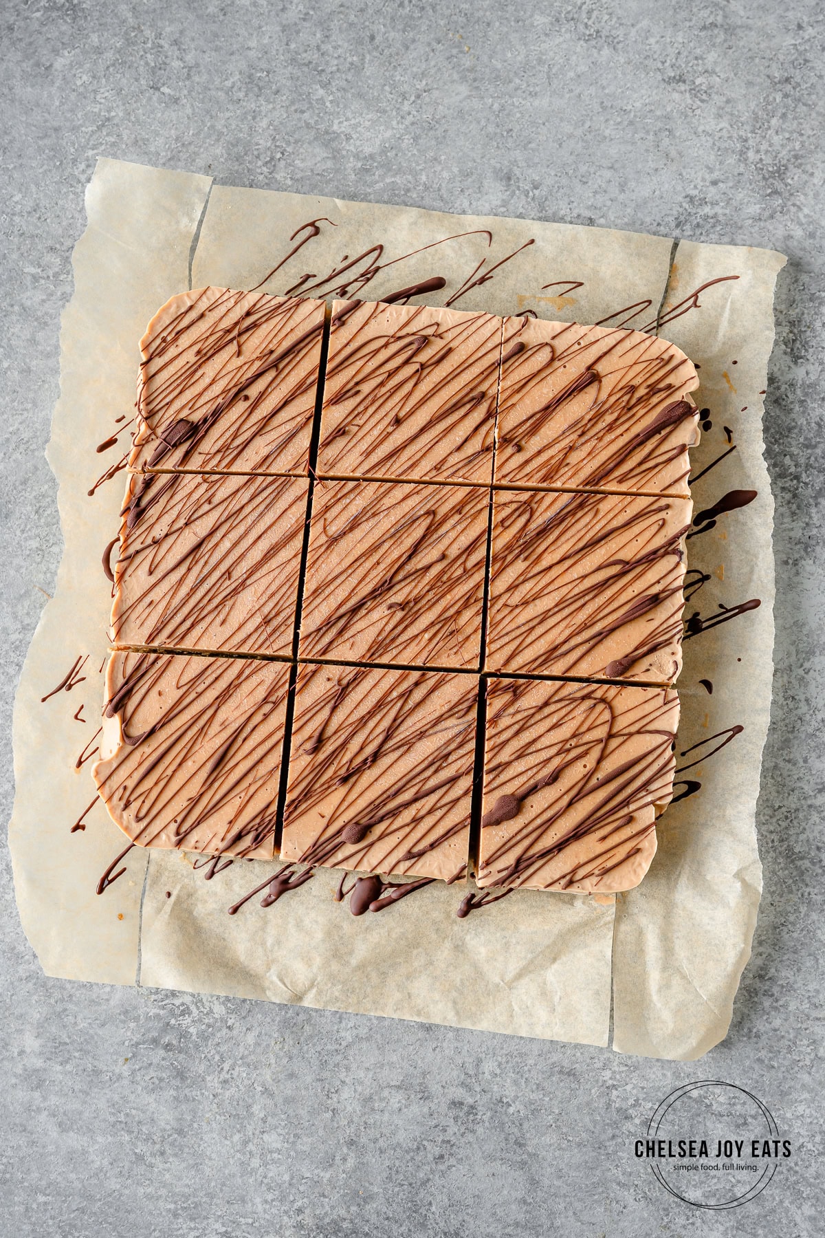 Frozen banana protein bars drizzled in chocolate and cut into 9 squares.