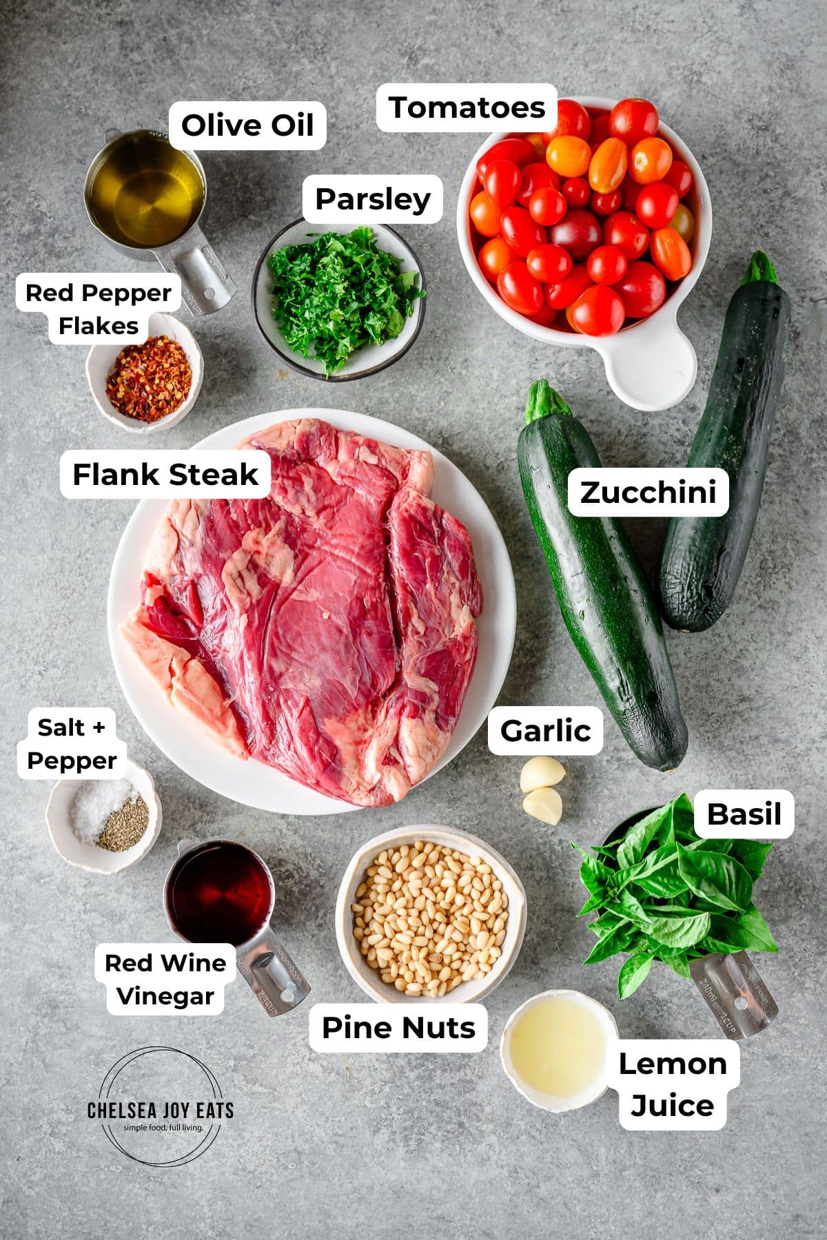 Ingredients for grilled steak salad with zucchini and pesto in individual bowls, with text labels for each ingredient.