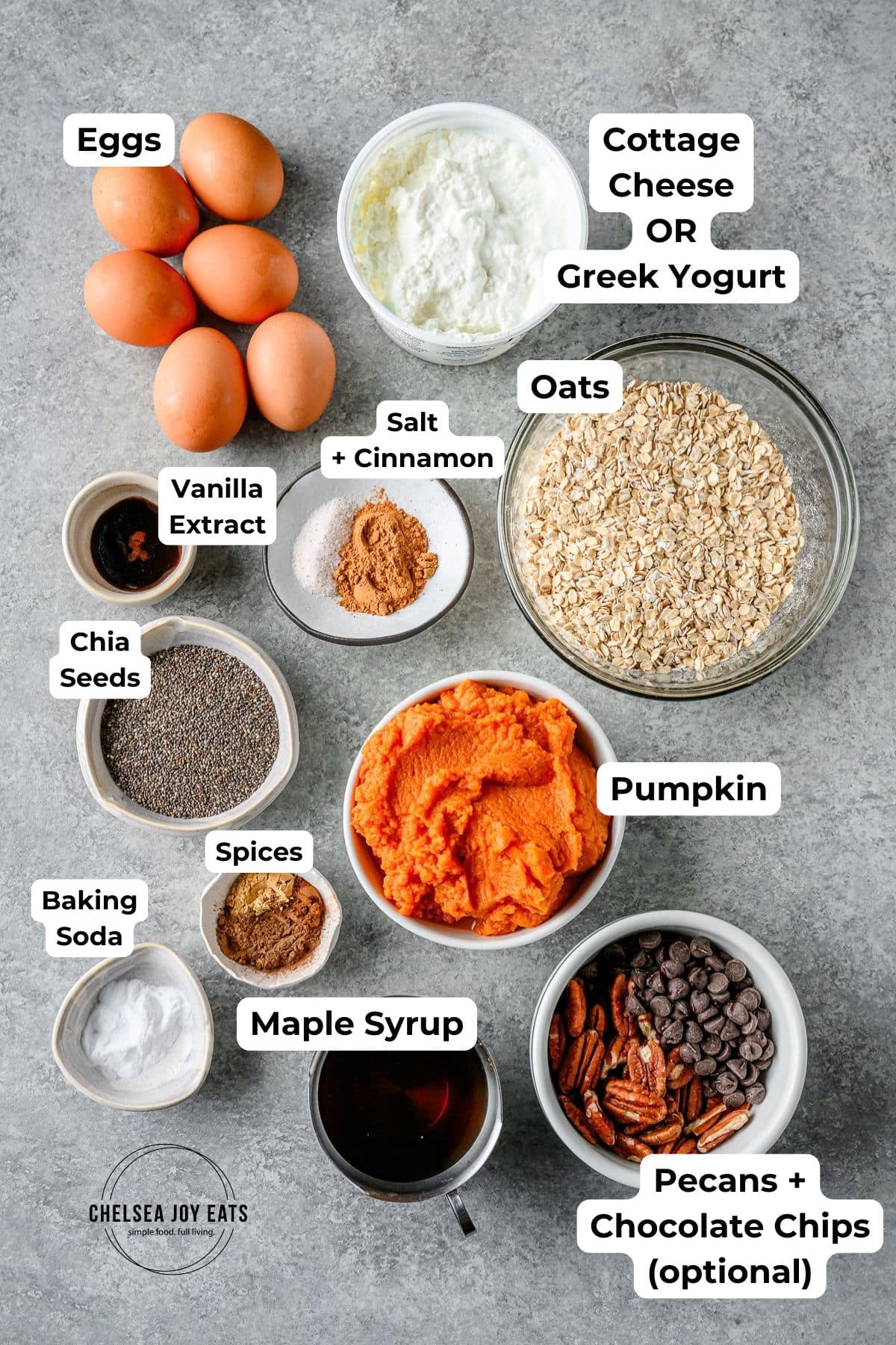 Ingredients for gluten free pumpkin baked oatmeal in individual bowls with text labels for each ingredient.
