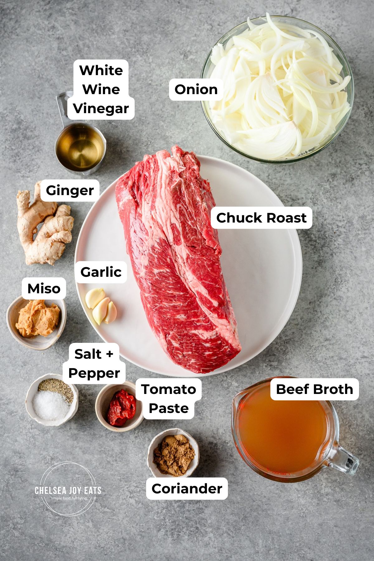 Ingredients for Miso Ginger Chuck Roast in individual containers with text labels for each ingredient.