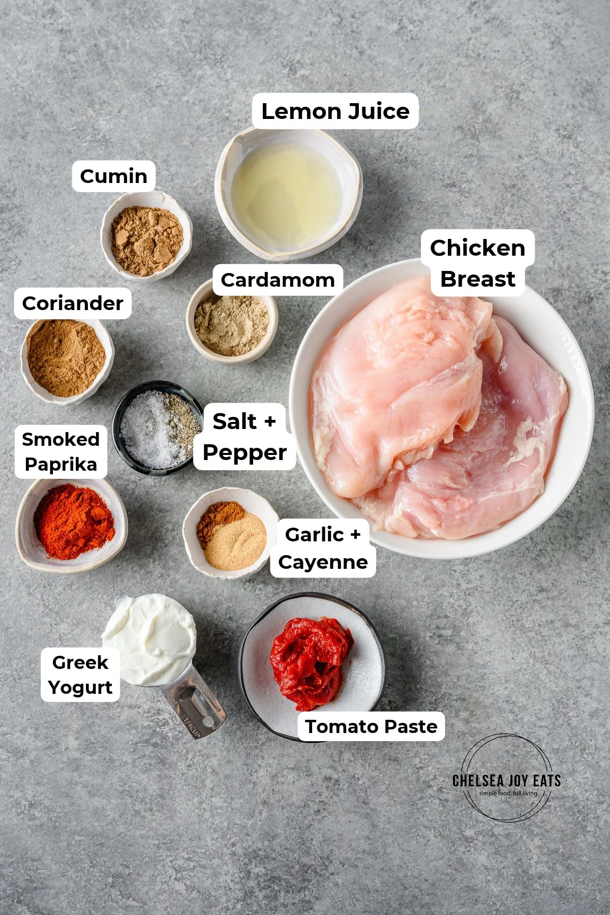 Ingredients for homemade tikka masala chicken with text labels for each ingredient.