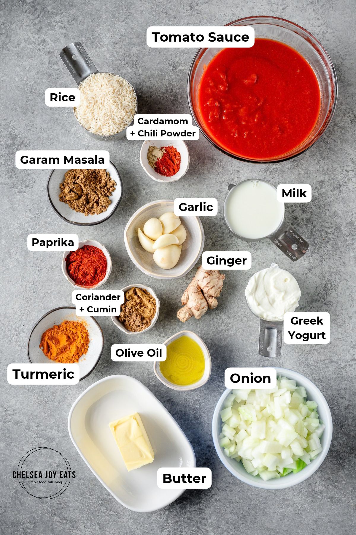 Ingredients for homemade chicken tikka masala curry sauce with text labels for each ingredient.